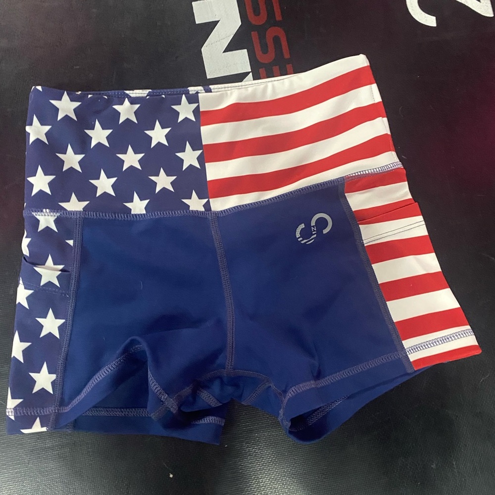 Curves and combat boots American flag athletic shorts small